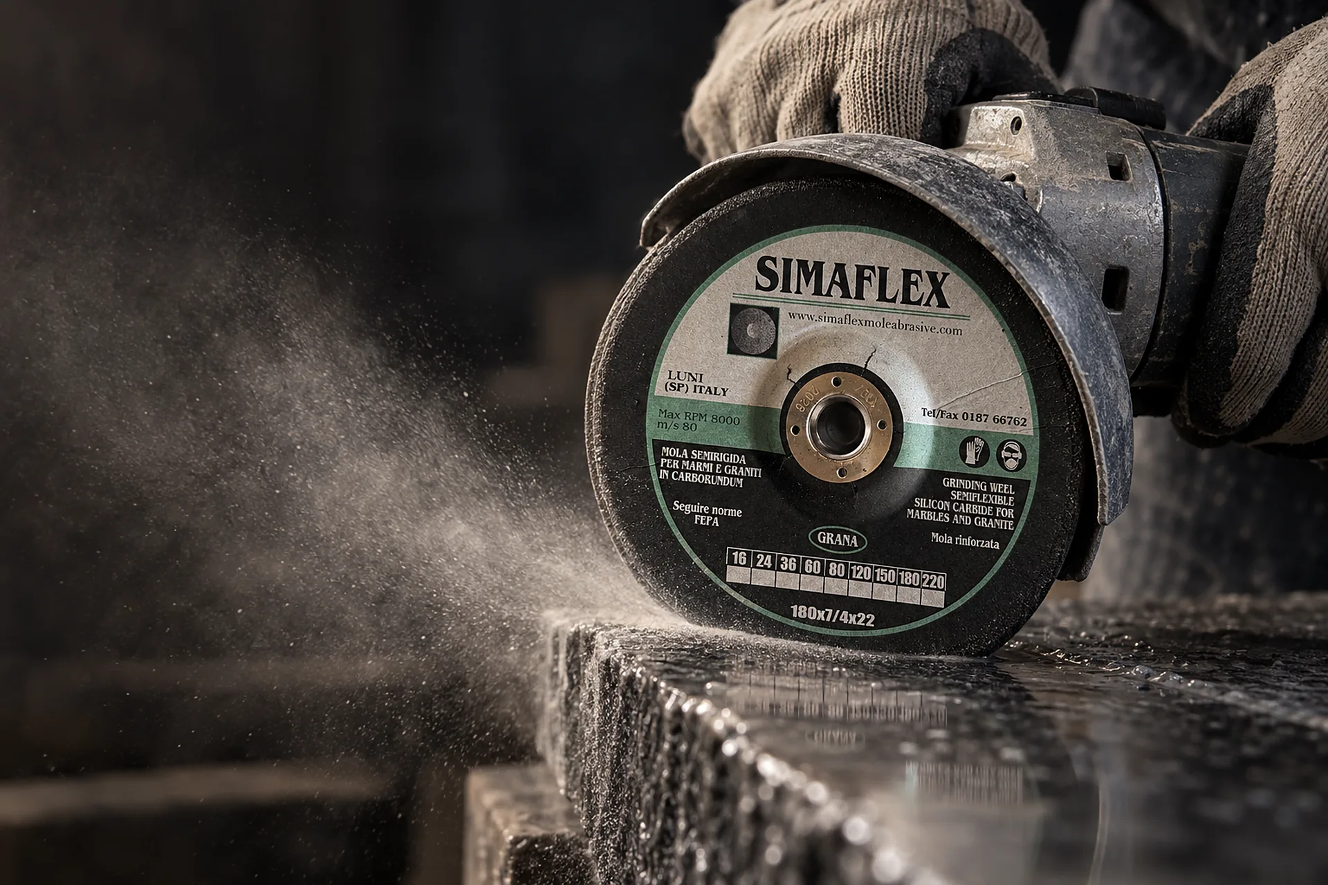 Disco semirigido Simaflex 180 mm in carborundum su smerigliatrice mentre sgrossa il bordo di una lastra di granito